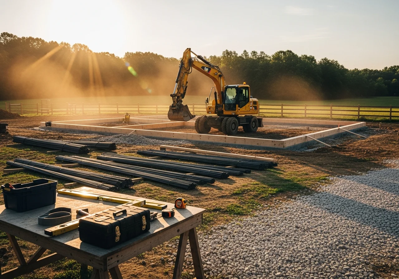 Construction equipment and tools on a cleared job site, ready for building or land development work.
