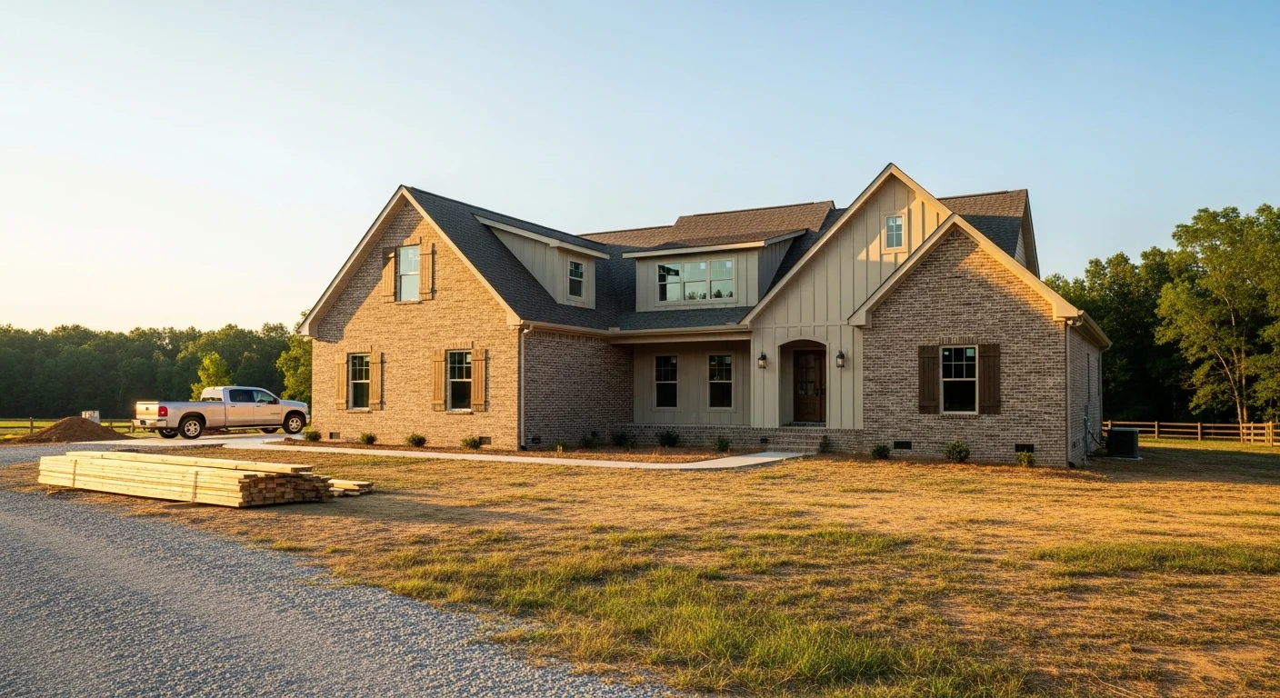 Custom home construction site with equipment and framing
