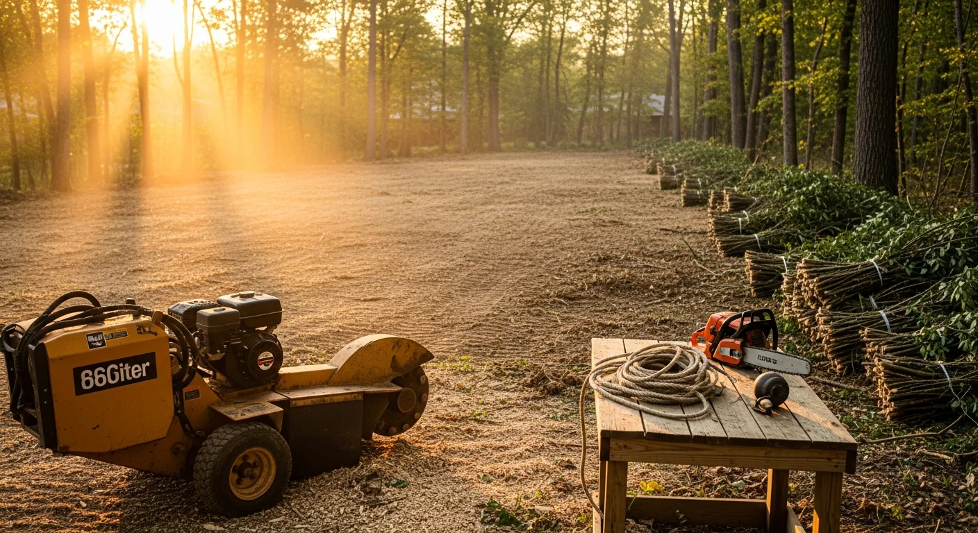 Tree removal and stump grinding equipment at work