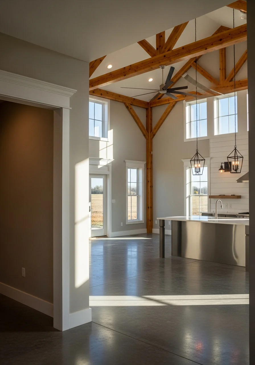Interior view of a custom-built barn dominium with open living space and modern finishes in southern Indiana.