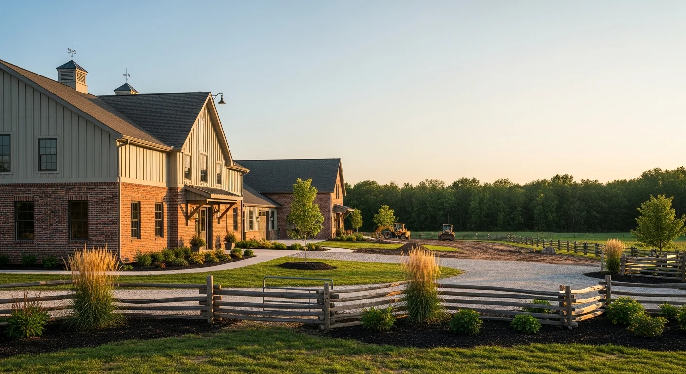 A newly completed custom home with barn dominium conversion on rural Indiana property, showing finished exterior and landscaping.