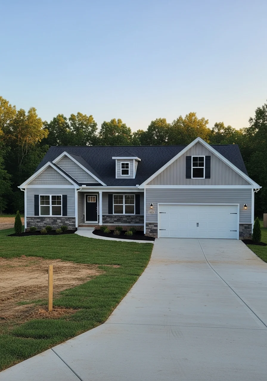 Completed custom home in Santa Claus with finished exterior and landscaping on a cleared residential lot.