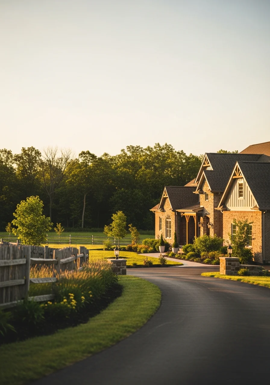 A finished custom home in Spencer County showing completed exterior, driveway, and mature landscaping.