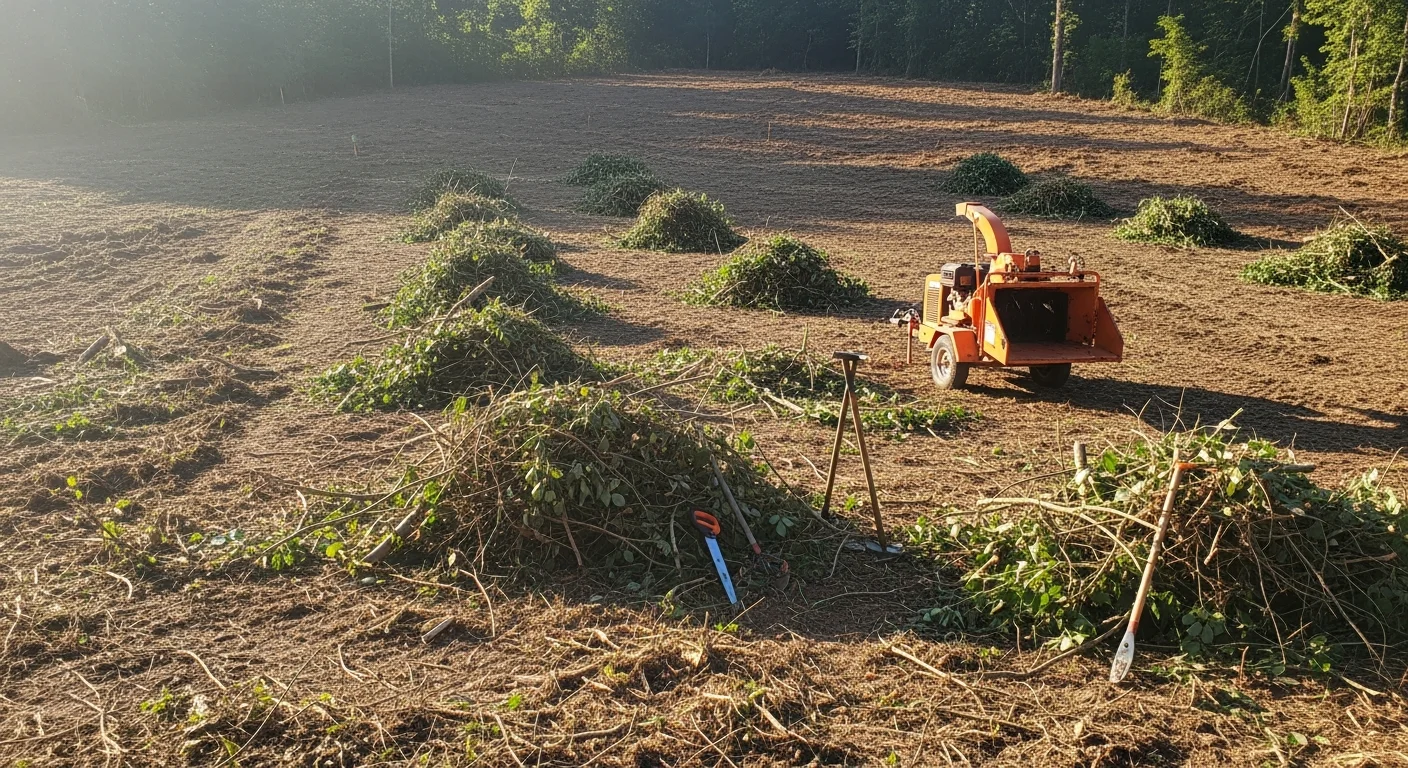 A cleared rural build site with overgrown brush and undergrowth removed, exposing flat open ground ready for a custom home or barndominium foundation layout. Piles of cut woody vegetation are staged at the site edge for removal by an OBG Inc crew.