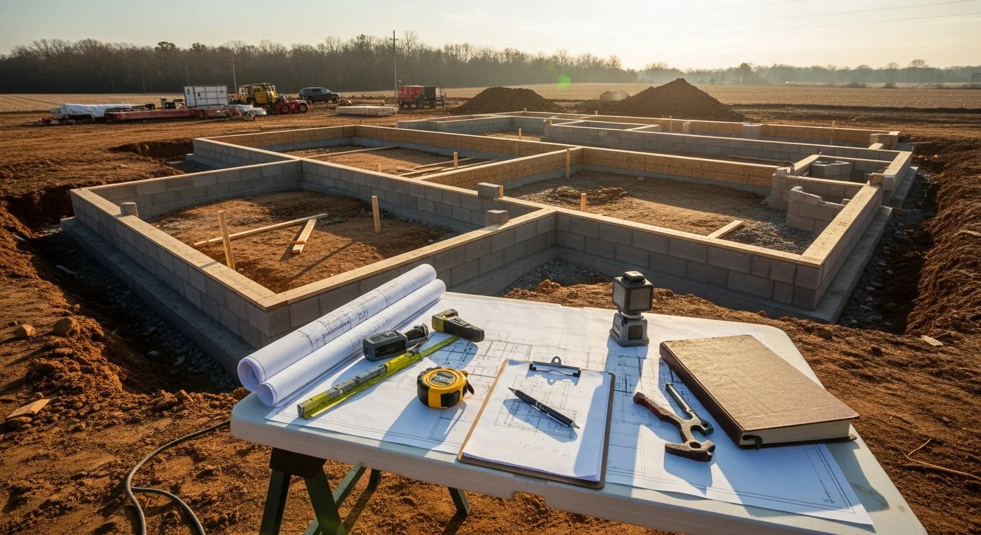 A general contractor reviewing construction plans on a rural job site with a custom barndominium frame in the background. OBG Inc project manager standing near a partially framed structure with open land visible on the property.