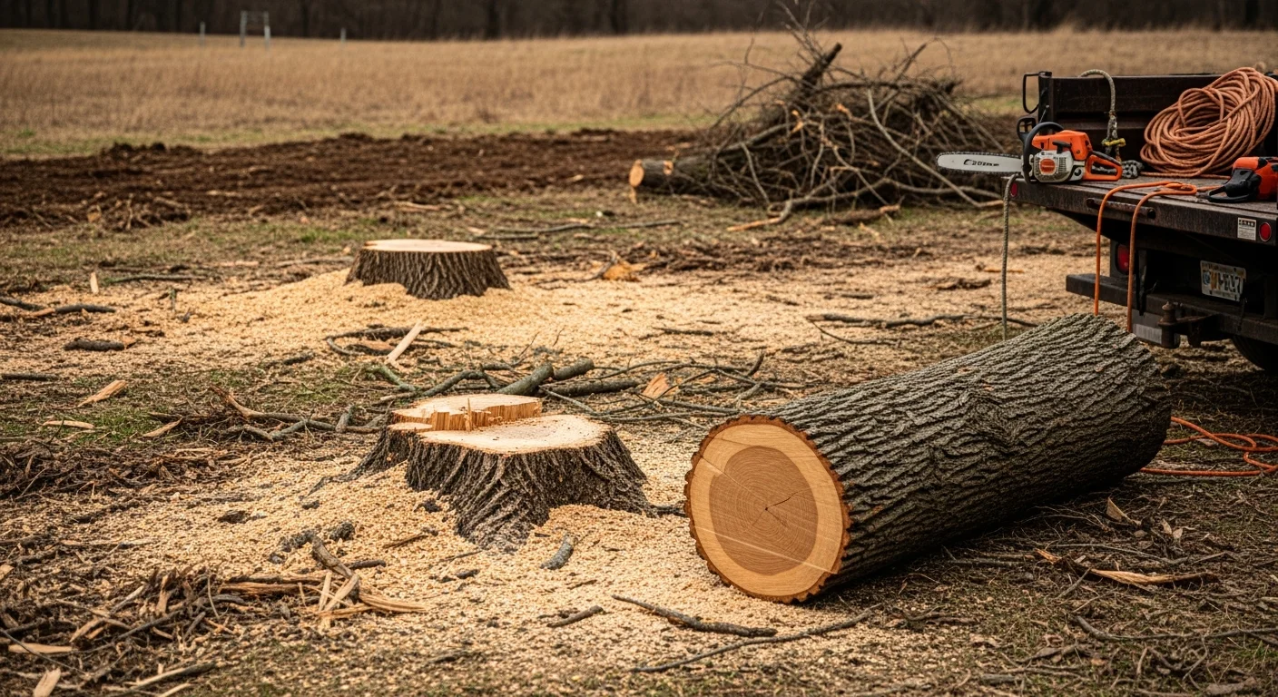A large dead tree with bare, brittle branches being removed by a tree service crew on a rural custom home and barndominium property. The cleared lot shows open space near the building footprint with debris staged for removal.