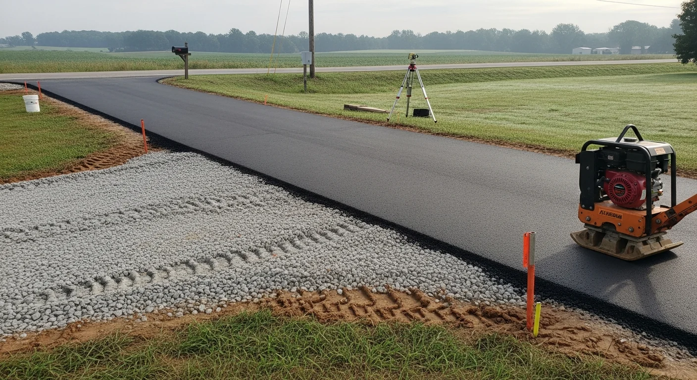 Newly installed driveway leading to a custom barndominium on a rural property, with graded surface and defined edges. The approach runs from the road to the structure across open land with clear drainage slope visible along the shoulders.