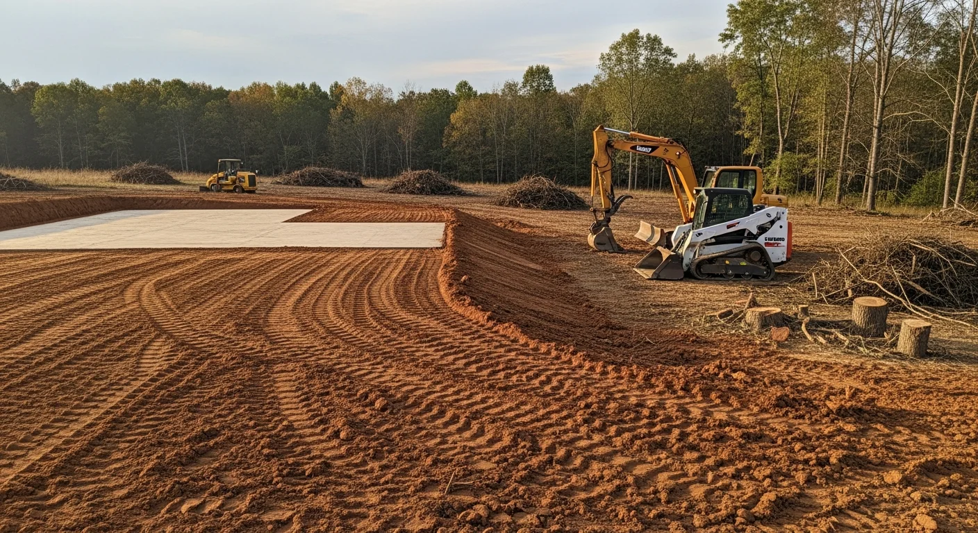 A tracked excavator grading a large rural build site cleared of trees and brush in preparation for a custom home and barndominium foundation. Freshly cut and leveled soil shows the building pad taking shape ahead of concrete work.
