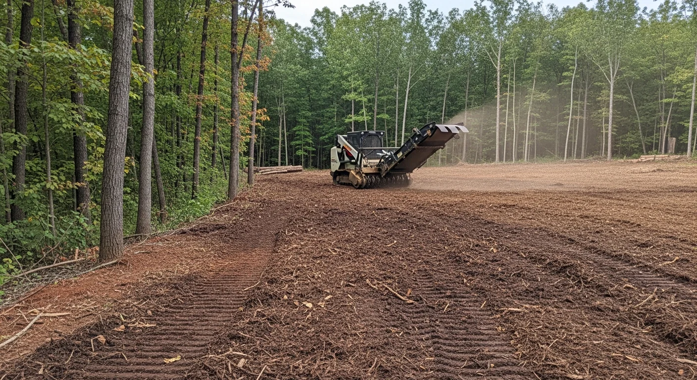A wooded tract cleared by forestry mulching, showing ground-level mulch cover and preserved tree lines ready for barndominium site preparation. OBG Inc equipment has processed dense brush into a uniform mulch layer across the building footprint.
