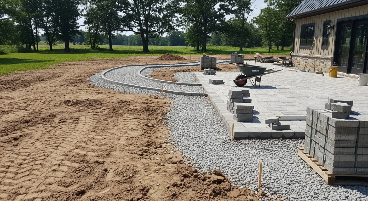 A finished hardscape surrounding a custom barndominium, featuring a wide concrete patio, defined stone walkways, and a gravel driveway on a large rural lot. Clean lines and natural materials connect the metal-sided structure to the open land around it.