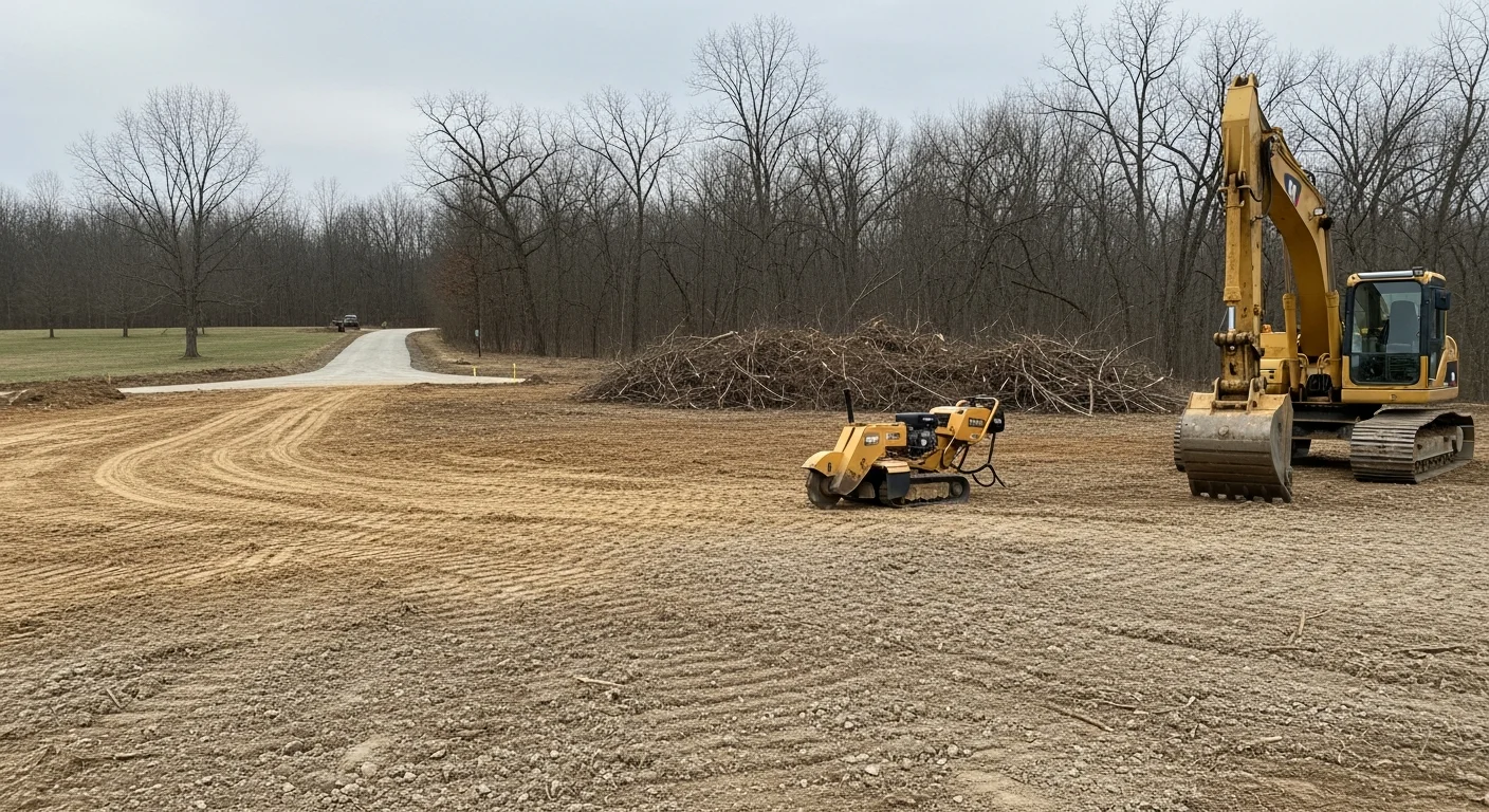 A rural acreage parcel with trees and brush cleared to expose a level building pad ready for barndominium or custom home foundation work. An excavator sits at the edge of the cleared site with graded soil visible across the full building footprint.