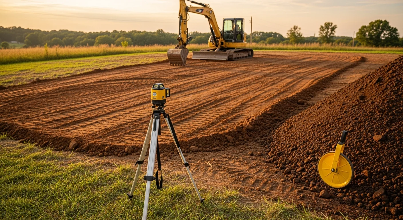 A freshly graded building site for a custom barndominium, showing smooth, sloped earth prepared for slab work with no standing water or erosion. OBG Inc hardscaping crew equipment visible in the background on a rural property.