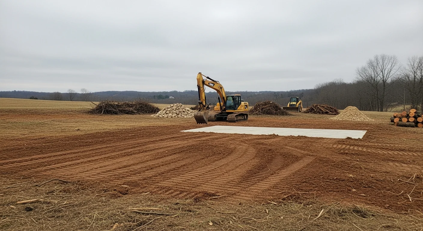 A freshly cleared rural lot with graded soil and removed tree stumps, prepared for custom home building or barndominium construction by OBG Inc. Heavy excavation equipment sits at the edge of the leveled building pad on an open acreage site.