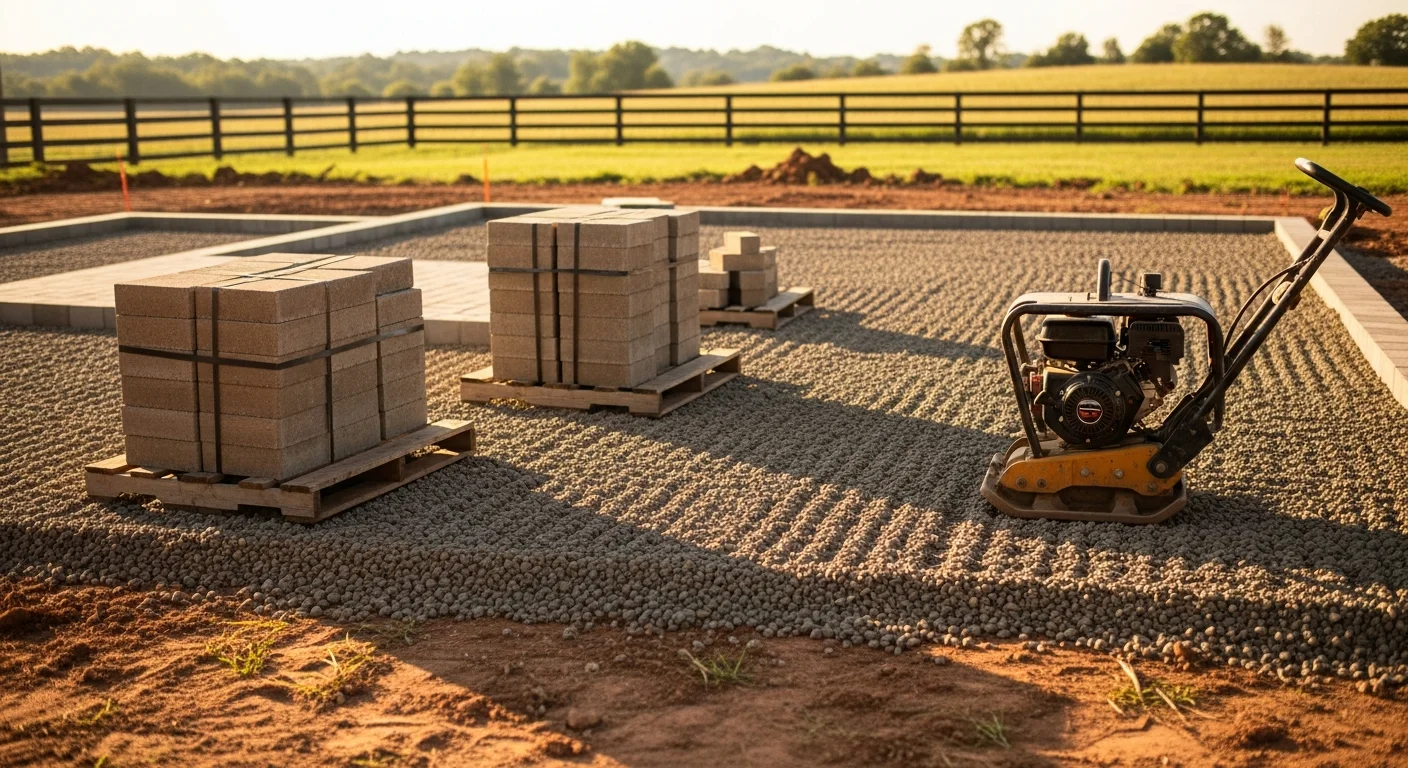 A finished hardscaped patio installed along the rear exterior of a barndominium, with a level stone surface extending from the building's back entry across a wide open lot. The patio surface is clean, evenly set, and sized to match the large footprint of the custom metal-frame structure.
