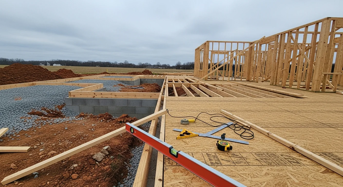 A newly completed barndominium with an open steel-frame exterior and residential windows, set on a cleared rural lot with a gravel driveway. The structure shows a full-height roofline and a covered entry, representing ground-up residential construction by a general contractor.