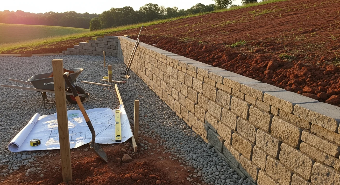 A finished retaining wall along the downhill edge of a graded barndominium lot, with compacted soil held back behind stacked wall material and a level yard area in the foreground. OBG Inc hardscaping crew visible completing final grading work on a custom home building site.