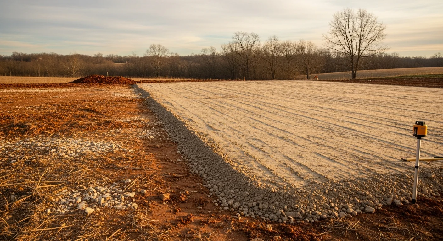 An excavator grading and compacting a level building pad on a rural property cleared for a custom barndominium build. The finished pad shows proper drainage slope and a clean, debris-free surface ready for concrete work.