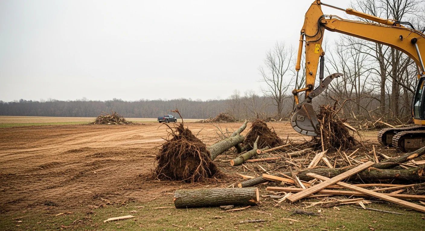 An excavator clearing large fallen trees and storm debris from a rural barndominium construction site with open acreage in the background. The ground is partially cleared and leveled, showing active storm debris removal work in progress.