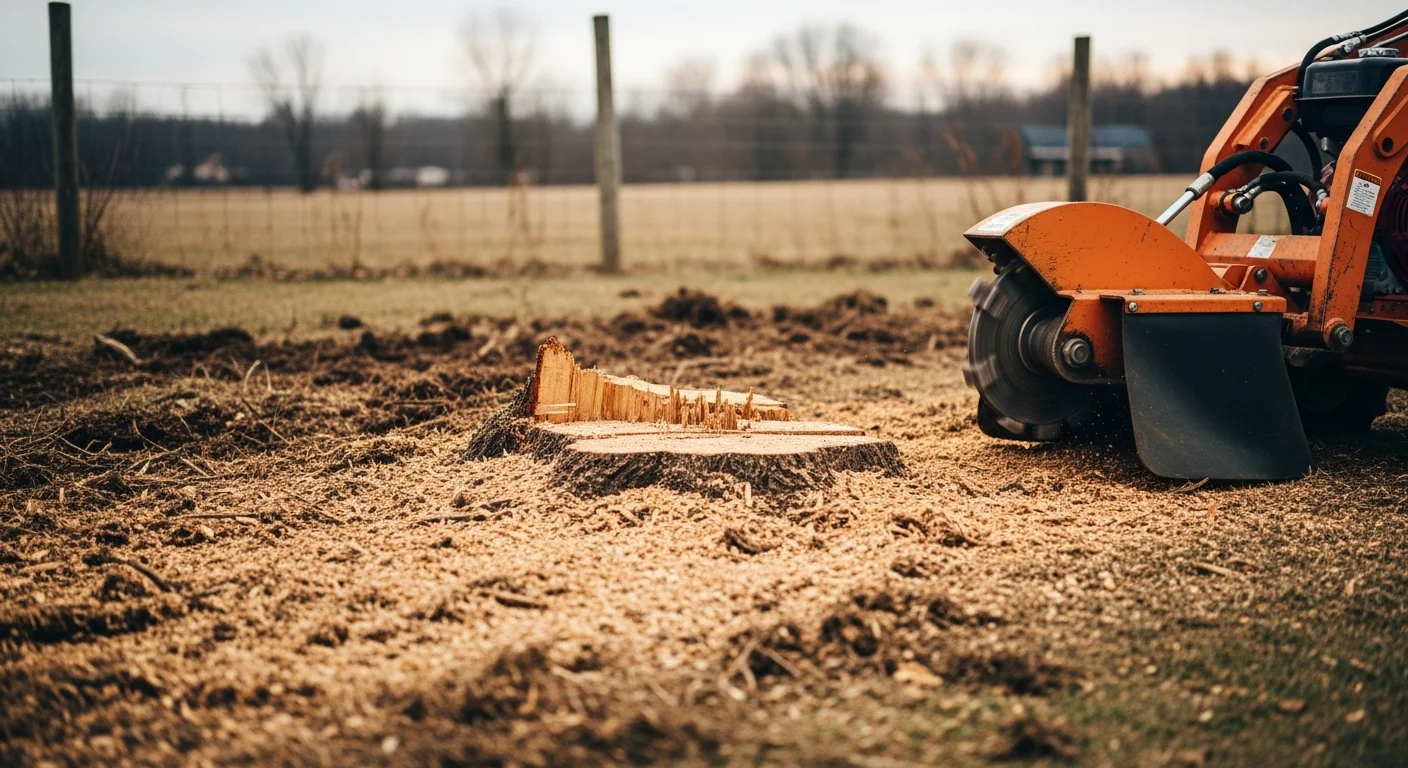 A commercial stump grinder operated by an OBG Inc crew member reducing a large tree stump to wood chips on a cleared rural lot prepared for custom home and barndominium construction. The surrounding building pad is flat and free of debris, ready for grading.