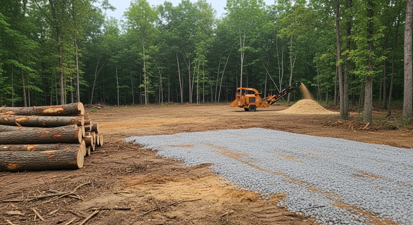 A cleared rural build site with tree stumps ground down and a level pad ready for barndominium foundation work. An OBG Inc crew and equipment are visible at the edge of the remaining tree line.